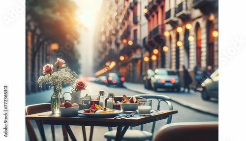 An asymmetrical composition of a quaint street café in early morning, with the main table set with breakfast 