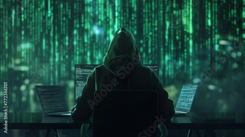 Hooded figure hacker typing on a laptop with code on the screen, hacker activity in a dark room, matrix