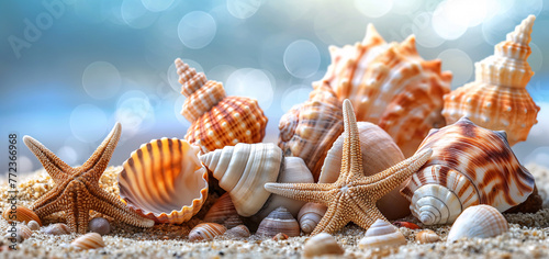 Beautiful sea background, shells and starfish on a light blue background	