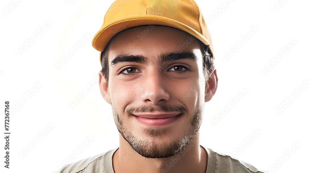 Smiling Young Man in Yellow Cap, Casual Attire, White Background. Ideal for Lifestyle Marketing. Stock Photo. AI Smiling Young Man in Yellow Cap, Casual Attire, White Background. Ideal for Lifestyle Marketing. Stock Photo. AI