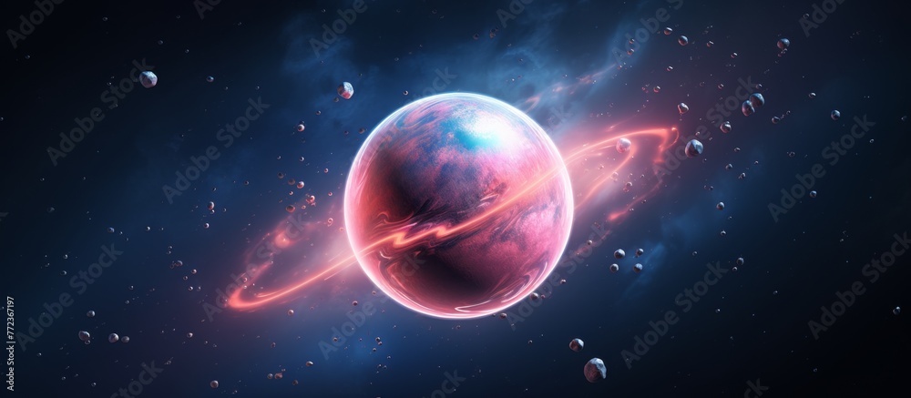 A red ringed planet floats in space, a stunning event in the astronomical world A red ringed planet floats in space, a stunning event in the astronomical world