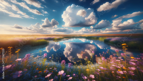 Reflection of a clear blue sky and fluffy clouds in a still pond, surrounded by wildflowers, creating a serene and picturesque landscape