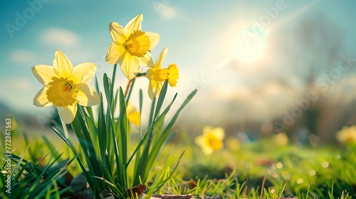 Vibrant daffodils blooming, heralding spring in a sunny field. Nature's beauty captured in daylight. Perfect for spring themes. Fresh, lively outdoor scene. AI