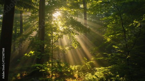 Tranquil forest scene, sunlight pierces the canopy, spotlighting a tree trunk and a carpet of fresh, green undergrowth