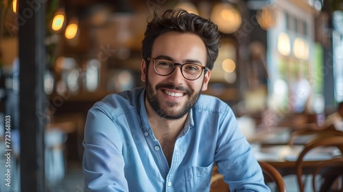 Smiling young man in a casual blue shirt indoors. Confident male with glasses sitting in a cafe. Portrait of happy adult in natural light setting. Lifestyle imagery. AI