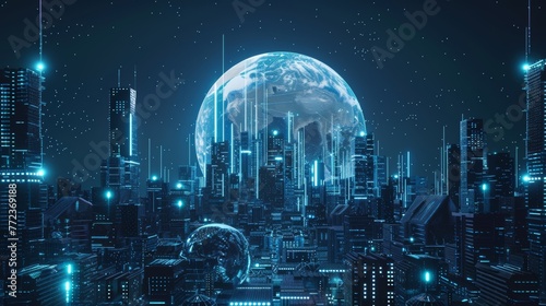 Digital building with a matrix style background, futuristic city with planet