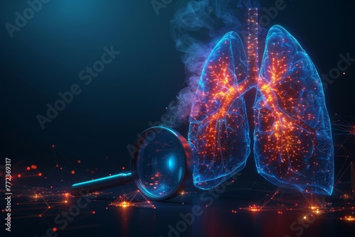 Pulmonologist checking lungs with magnifier for illness. Low poly wireframe style. Concept of pulmonology and lung disease isolated on blue background. photo