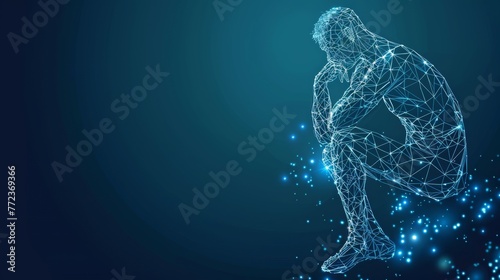 A wireframe polygon thinks in a vintage futuristic style, modern of a great thinker