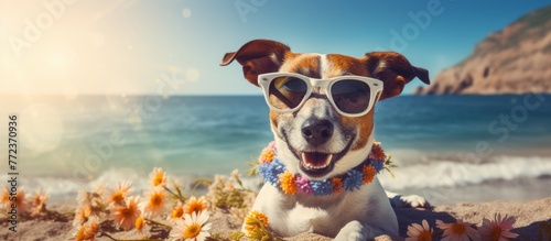 Dog wearing sunglasses and lei lounging on beach by water under sunny sky