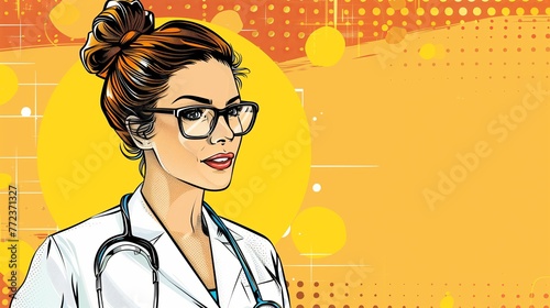 Woman doctor with empty banner for copy space text in pop art style