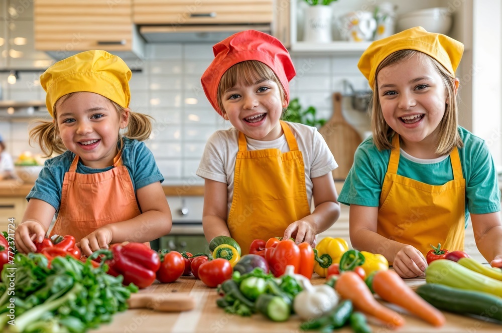 cheerful kids in chef hats looking at camera while cooking in kitchen cheerful kids in chef hats looking at camera while cooking in kitchen