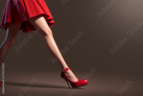 Red shoes. Women's legs. A woman in red is walking. Fashion banner. Copy space
