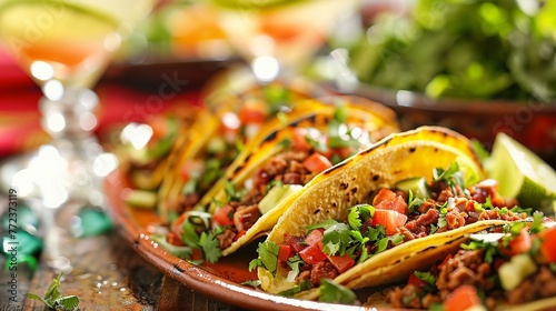 A plate of tacos with a side of green beans and a glass of wine. The tacos are piled high with meat and vegetables, and the wine glass is placed on the table next to them