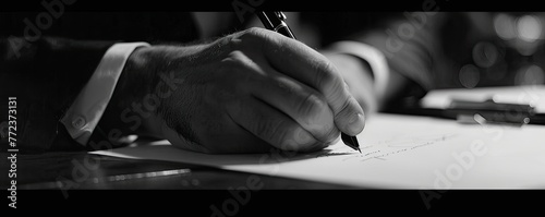 man's hand holding a black pen while signing a document, depicting finalizing a deal or agreement photo