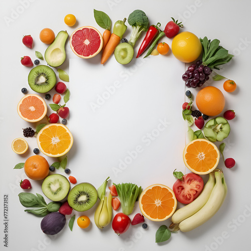 A creative frame made of assorted fruits and vegetables shaping with white copy space. Minimal food concept. Flat lay. 