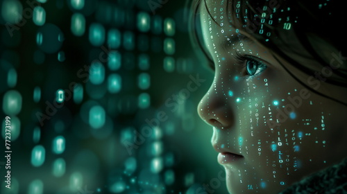 Child face is illuminated by a futuristic digital screen, reflecting complex graphics and data