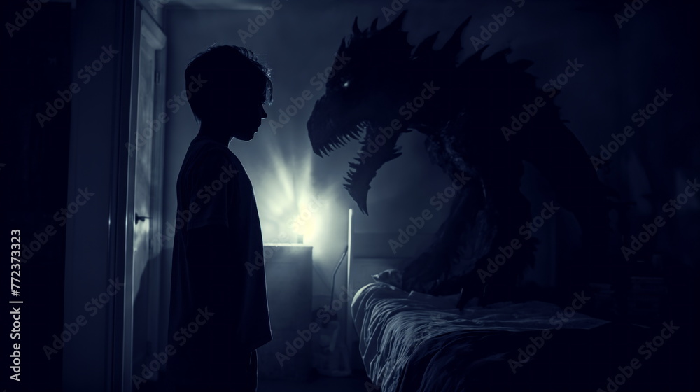 Boy stands face-to-face with a towering dragon like creature by his bed in a dimly lit room