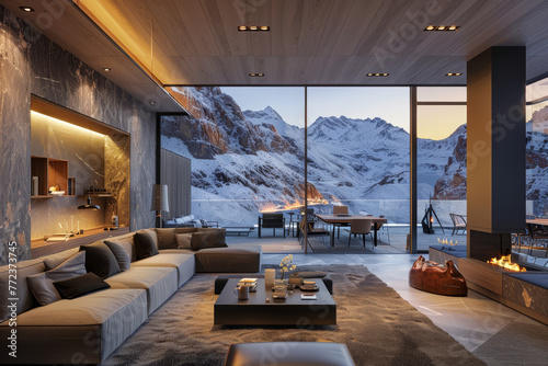A luxurious minimalist living room with floor-to-ceiling windows offering a breathtaking view of snow-covered mountains..