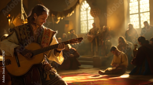 Bard strums a guitar, entertaining an audience in a traditional medieval hall adorned with intricate details photo