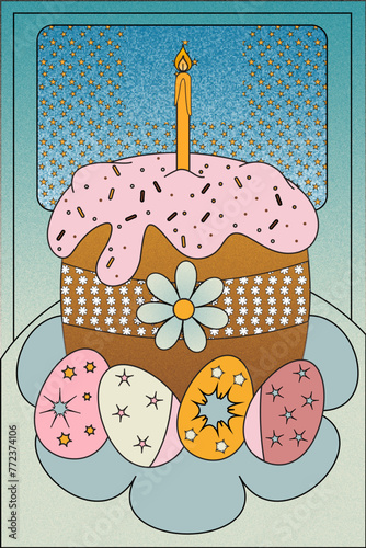 Easter cake with candle and decorated eggs poster