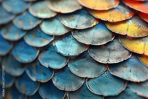 A sprint of vibrant colors in an extreme close-up of tropical fish scales