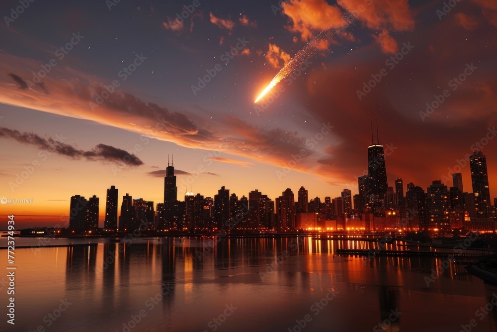 A city skyline under the shadow of a descending meteorite, a moment frozen before impact