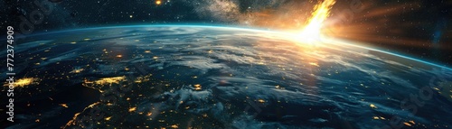 A distant view of Earth from space, a meteorite approaching, its collision course set with our planet