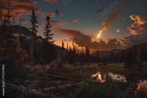 The silent, eerie glow of a meteorite, seconds before it shatters the tranquility of an untouched forest photo