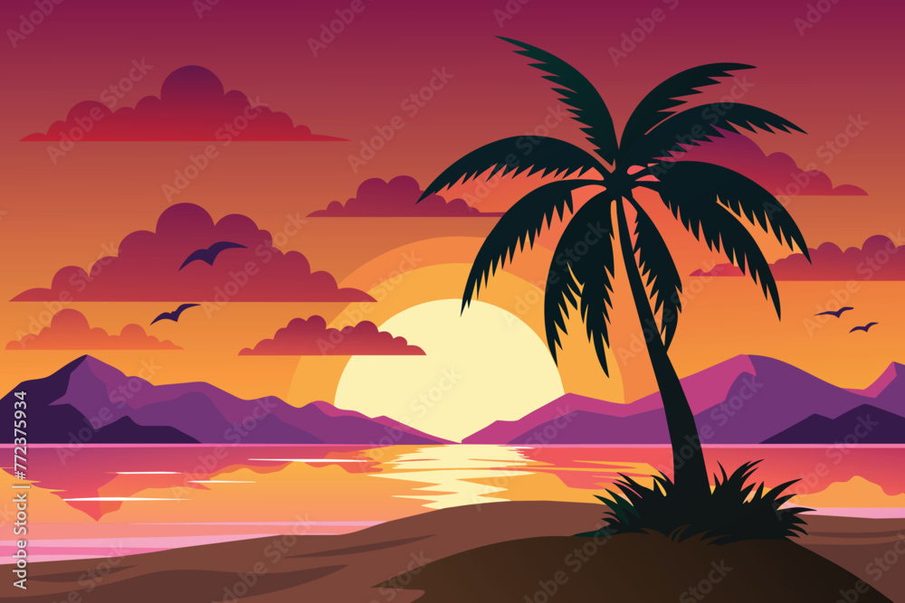 Palm tree sunset tropical island with black tree isolated flat illustration