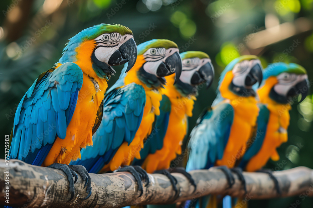 Group of colorful parrots sitting on branch, beak, yellow, tropical climate, feather