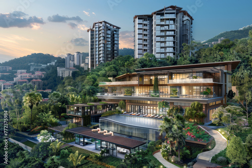 Modern luxury condominiums nestled in lush greenery with infinity pool at sunset..