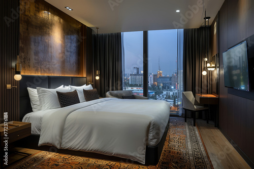 Plush hotel bedroom featuring a large black tufted headboard, golden accents, and sophisticated room decor..