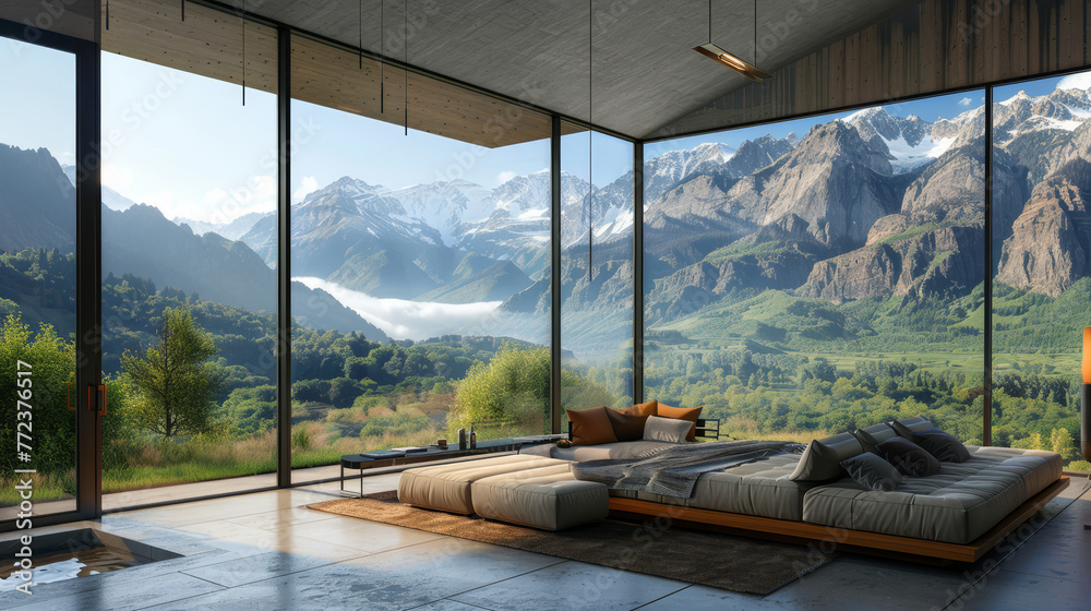 A tranquil bedroom retreat encased in glass walls, offering an immersive experience in a mountainous setting, complete with a cozy fireplace..