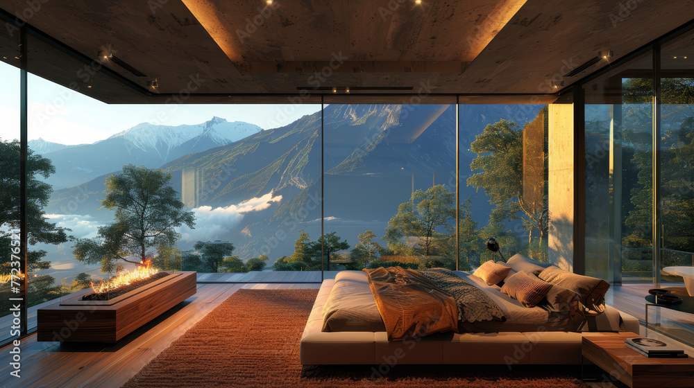 Fototapeta premium A tranquil bedroom retreat encased in glass walls, offering an immersive experience in a mountainous setting, complete with a cozy fireplace.