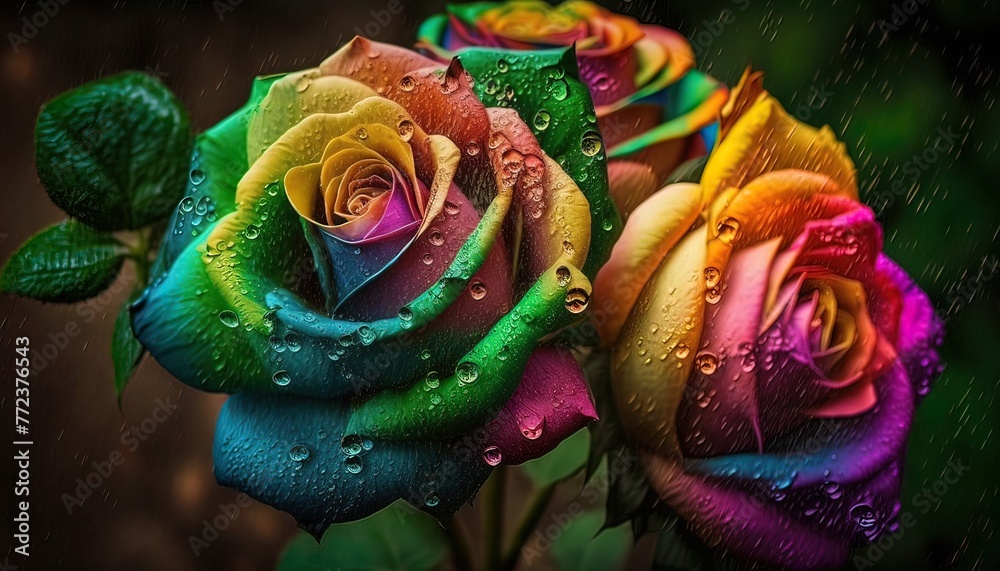 Rainbow roses in a green garden very fresh , Generate AI