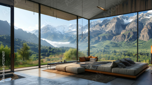 A tranquil bedroom retreat encased in glass walls, offering an immersive experience in a mountainous setting, complete with a cozy fireplace.. © bajita111122