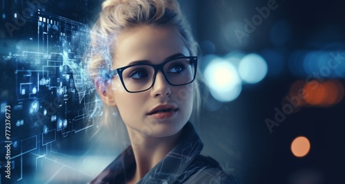 Save Download Preview Face of beautiful European woman in glasses with double exposure of blurry network interface. Concept of artificial intelligence and machine learning. © Naseem