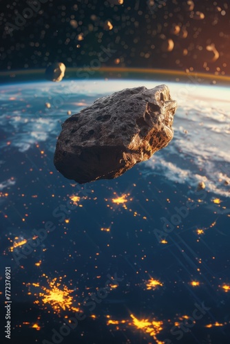 A meteorite looms over Earth, its colossal size dwarfing cities below photo