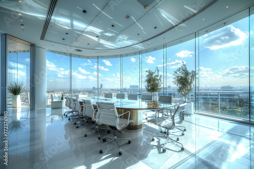 Sun-drenched modern conference room with a curved glass wall offering expansive views of a serene park landscape..