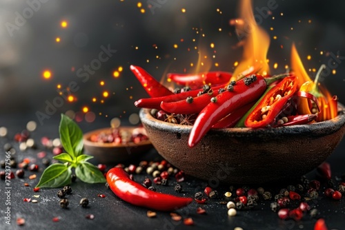 Wooden bowl filled with vibrant red peppers on a table