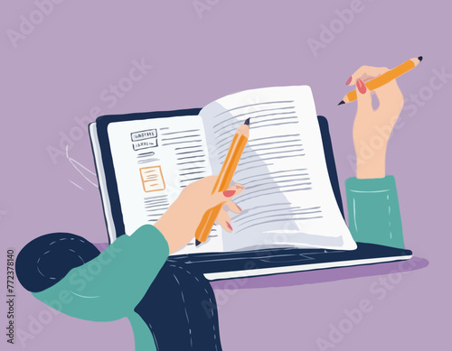 Content writer, blogger or bullet journal, publishing editor or writing article online, copywriter for advertising, freelance journalist concept, creative woman holding pencil with content on website