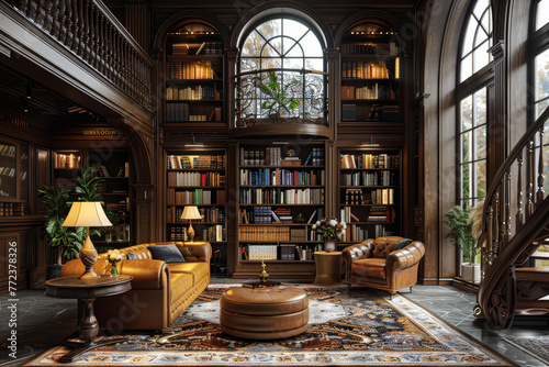 Opulent and sophisticated home library featuring dark wood bookshelves, plush seating, and ambient lighting..
