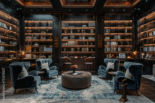 A luxurious blue home library with a velvet sofa, golden accents, and an ornate spiral staircase amidst book-lined walls..