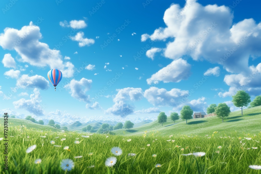 Hot air balloon flying over a green meadow on a clear sunny day with beautiful white clouds