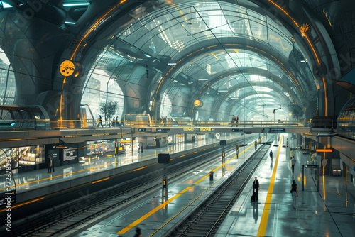 Spacious and modern futuristic train station interior with dynamic curves and reflective surfaces creating an ethereal atmosphere..