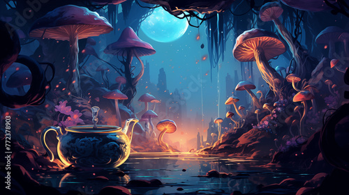 Fantasy Mushroom Forest with Teapot and Moonlight