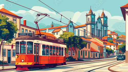 Vector illustration of a typical tramway in front o