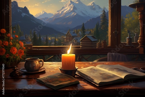 A cozy setting with a lit candle, steaming coffee, and an open book on a rustic wooden table, set against a serene mountain backdrop. Perfect for unwinding and finding inner peace.