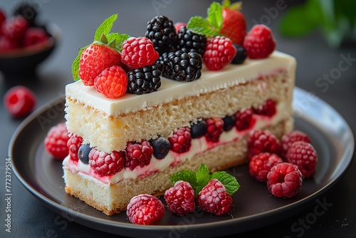 A piece of raspberry and blackberry cake  with cream and mint