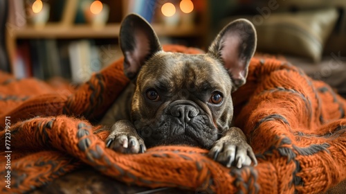 Cute French bulldog with book on sofa at home. Cozy atmosphere © Katsiaryna